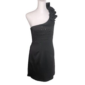 Alyn Paige Size 7/8 Black Asymmetrical Ruffled Sequined Cocktail Dress